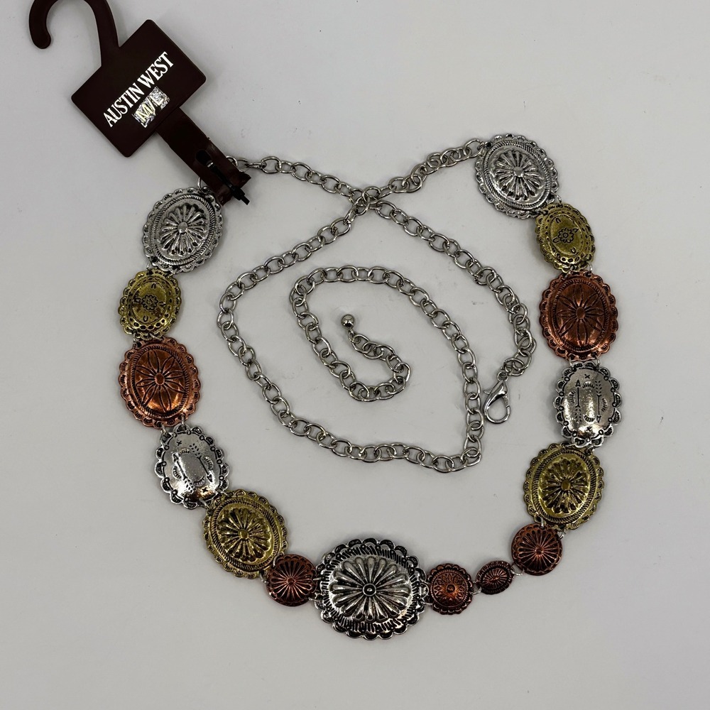 Austin West Concho Chain Belt Women M/L Mixed Metal Silver Gold Copper Western
